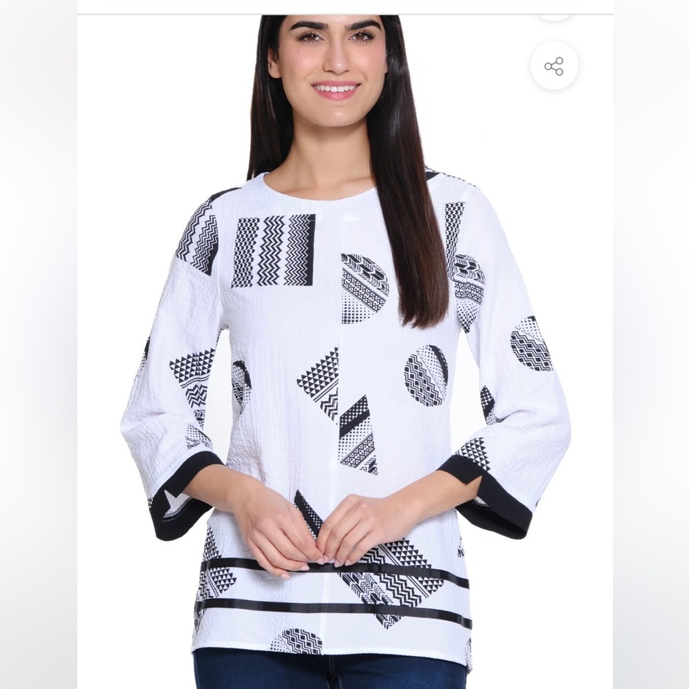 Ali Miles WOVEN PUCKER TUNIC 3/4 SLEEVES - BLACK/WHITE PRINT PL geo print artsy